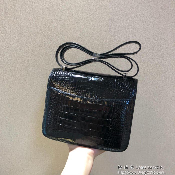 HERMES愛馬仕 康康18cm alligator crocodile 美洲鱷 頂級工藝 蠟線手縫 黑色 銀扣  Ama1516